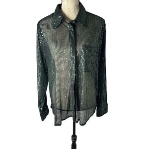 Everyday Chic All Over Sequin Shirt Button Up Green Sheer Size L